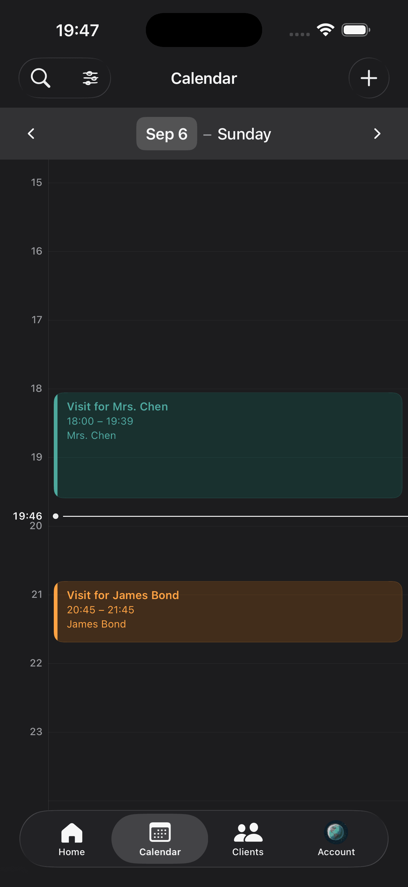 Verbal's Calendar view, showing two scheduled visits for Mrs. Chen and James Bond.
