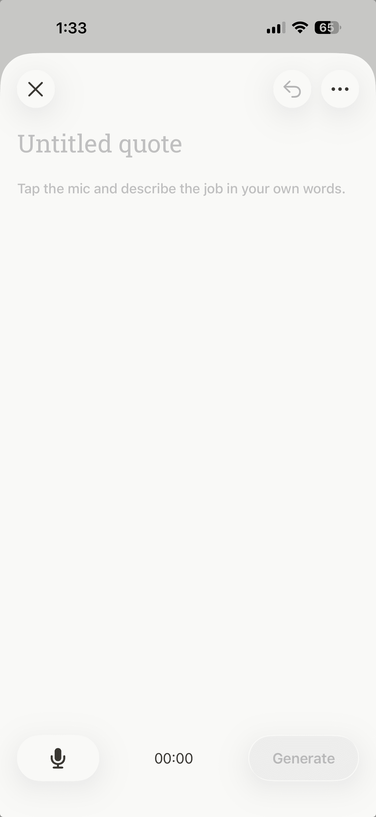Verbal's recording sheet on an iPhone, open and empty: an untitled quote, the prompt to tap the mic and describe the job in your own words, a mic button, a timer at 00:00 and a Generate button.